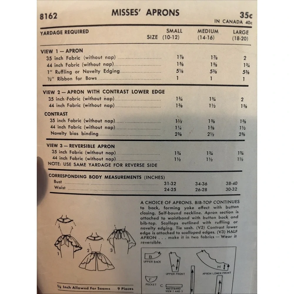 Vintage 1956 Advance 8162 Apron Sewing Pattern Size Medium Misses 34-36 Bust